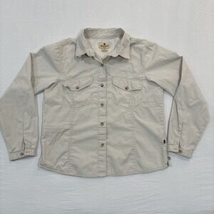 Woolrich Fishing Beige Shirt Women's Medium Cotton Roll Tab Long Sleeve Button